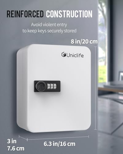 Uniclife 20 Position Key Cabinet with Combination Lock Resettable White Digital Security Storage Box Steel Key Organizer with Colorful Key Tag Labels Stickers and Hooks - color: White, size: 20 Keys
