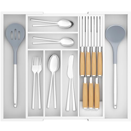 TIOPGHAD Bamboo-Silverware-Drawer-Organizer-Kitchen, Expandable Utensil Holder Cutlery Tray Flatware Organization Adjustable Wood Tableware Dividers Storage (with Removable Knife Block)(White) - color: White, size: Large