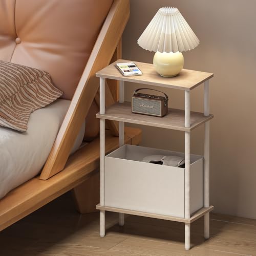 Narrow Side Table with Fabric Basket, End Table for Small Spaces, Slim Nightstand with 3-Tier Storage Shelf, Sofa Beside Table, for Living Room, Bed Room, Natrual Oak - color: Natrual Oak
