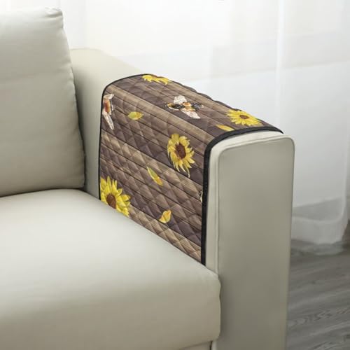 Sunflower Bee Wood Print Armrest Cover for Sofa with 2 Side Organizer Pockets 44x20 inch Arm Covers for Loveseat, Recliner, Chair Anti-Scratch Armchair Protector - color: Sunflower Bee Wood
