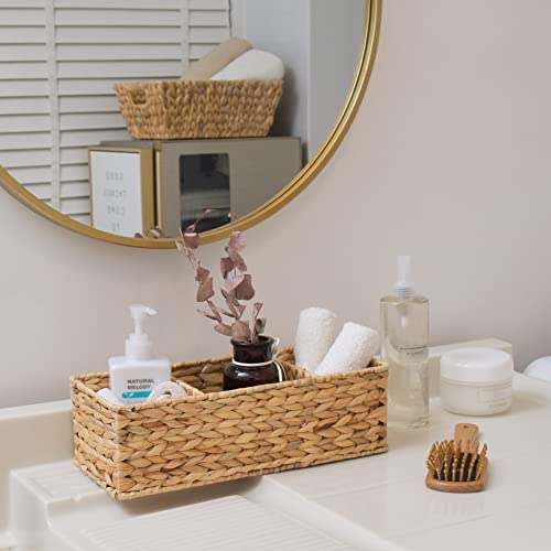 StorageWorks Wicker Basket Tank Topper, Wicker Storage Basket for Shelves, Toilet Paper Basket for Back of Toilet Tank Top, 3-Section Water Hyacinth Storage Baskets, 2-Pack - color: Natural(Water Hyacinth), size: 14¼"L x 6"W x 4¼"H