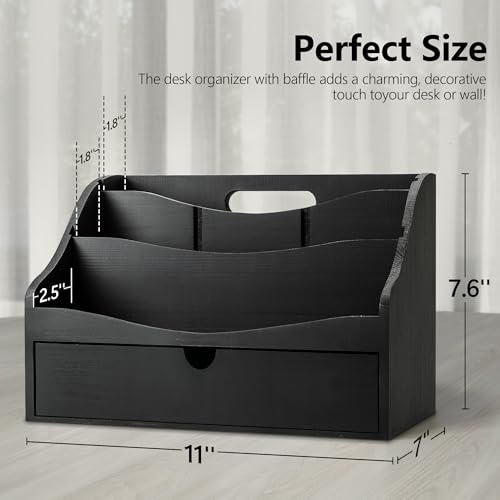 Rebee Vision Pine Wooden Mail Organizer for Desk - Farmhouse Mail Sorter Countertop Organizer for Office Desk & Home Decor - Letter Holder with Drawer for Store Jewelry (Black) - color: B-Black