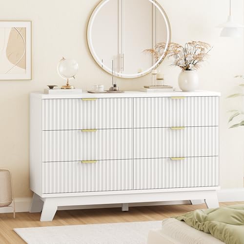 Fluted Dresser for Bedroom with 6 Drawers, 48" Wide Modern Chest of Drawers with Metal Handle, Wooden Dresser TV Stand, Wood Closet Clothes Storage Drawer Organizer for Living Room, Hallway, White - color: White, size: 15.6"D x 47.2"W x 30.5"H (6 Drawers)