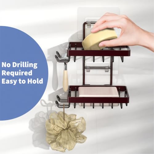 Moforoco Brown Double Soap Bar Holder for Shower, No Drilling, 304 Stainless Steel, Wall Mounted Soap Holder with 4 Hooks and Razor Holder, Shower Rack Soap Tray Bar Soap for Bathroom Accessories - color: Brown, size: 2-T