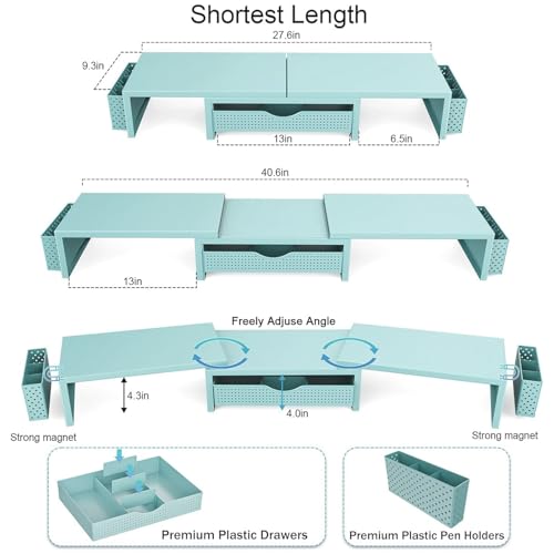 gianotter Dual Monitor Stand Riser, Desk Organizer With Drawer and 2 Pen Holders, Monitor Stand for Desk, Office Decor Essentials (Blue) - color: Blue