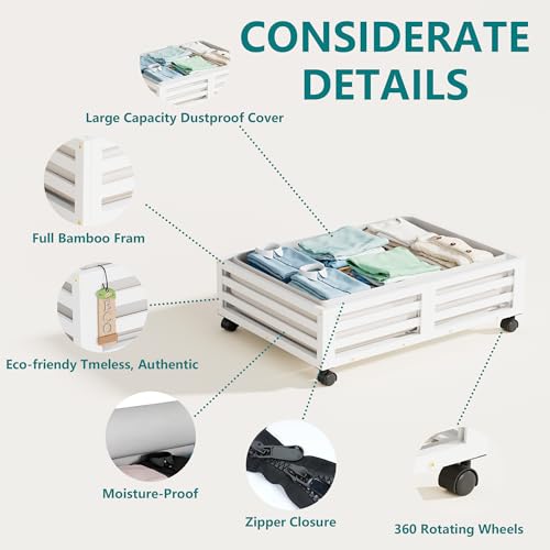 Wisuce Bamboo Under Bed Storage Containers- Underbed Organizer with Wheels with Dust Bag,Sturdy Wood Rolling Under the Bed Shoe Storage Organizer Drawers (White, 2 Pack (23.62"×16.54")) - color: White, size: 2 Pack (23.62"×16.54")