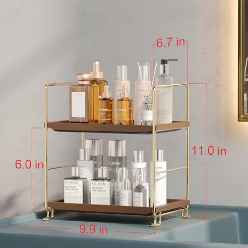 FSyueyun 2-Tier Bathroom Countertop Organizer,Bathroom Organizers and Storage with Tool-Less Installation, Premium Plastics for Makeup, Perfume, Skincare on Dresser Vanity Tray (Gold & Brown) - color: Gold & Brown