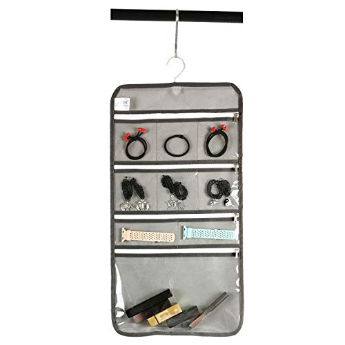 Travel Foldable Jewelry Rolls Bag Hanging Jewelry Organizer with 9 Zippered Clear Pockets Storage Pouch with Rotatable Hanger (GREY) - color: GREY