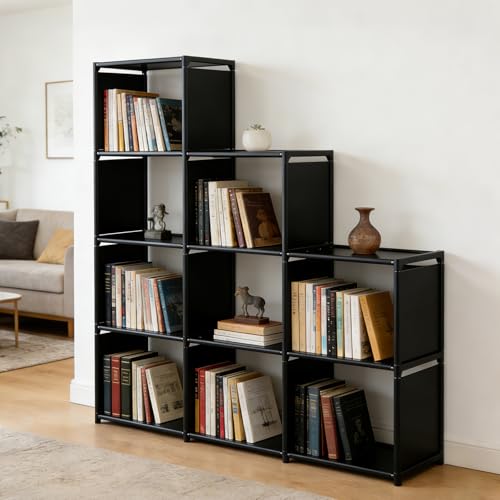 9-Cube Storage Organizer Shelf – Tool-Free Assembly Cube Bookcase for Bedroom, Closet & Small Spaces, Bookshelf Organizer for Kids’ Clothes & Nursery, Black - color: Black-9