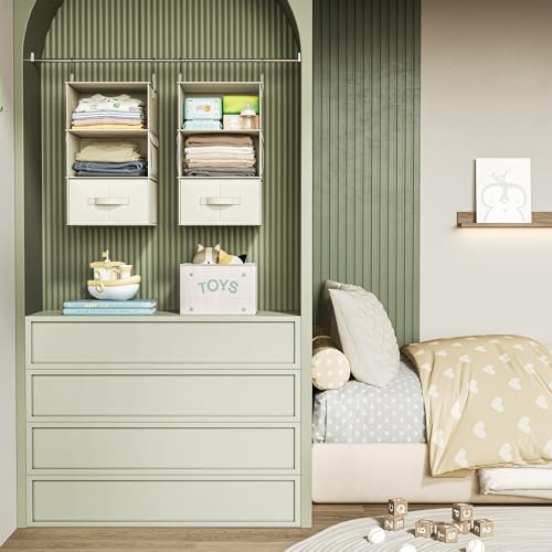 Vailando 3-Shelf Hanging Closet Organizer, Set of 2 Hanging Shelves with 2 Drawers for Wardrobe, Nursery, Baby Clothes Storage and Organization, Beige - color: Beige, size: 3-Shelf Set of 2