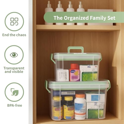 2 Pack Clear Medicine Organizer Storage Box with Tray, Portable Medicine Cabinet with Handle, Plastic First Aid box Empty with pill case for home and travel