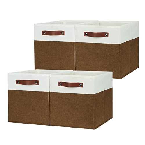 HNZIGE Fabric Cubes Storage Bins Set of 4,11 x 11 Clothes Storage Cube Baskets,Cube Organizing Bins for Shelves with Handles,Canvas Baskets for Organizing Home(Brown White) - color: Brown White, size: 11"x11"x11"-4pack