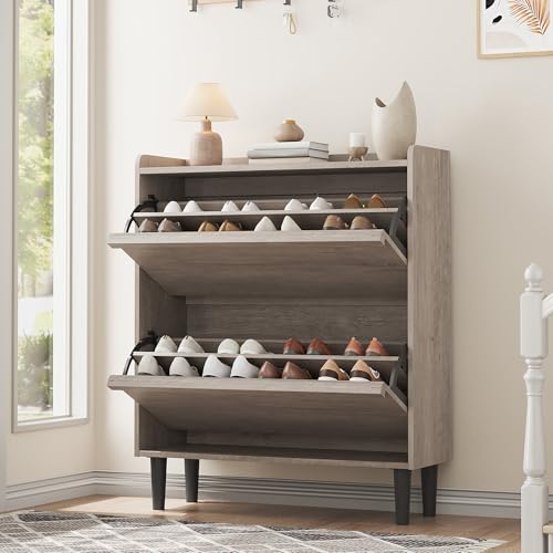 GarveeHome Shoe Cabinet with 2 Flip Drawers, Wooden Shoe Organizer Cabinet with Adjustable Shelf, Shoe Storage for Entryway, Hidden Shoe Cabinet for Hallway, Living Room, Grey - color: Grey, size: 2-Drawers