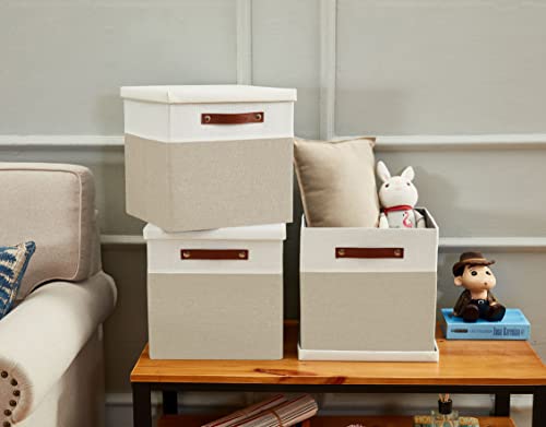 DECOMOMO Storage Basket with Lid, Storage Cubes with Handles, Fabric Box with Lid (Beige and White, 11” / 3 Pack) - color: Beige and White, size: Cube 11"