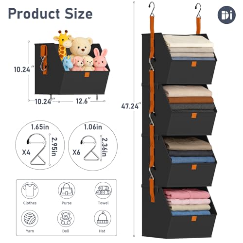 DIMJ Hanging Closet Organizer - 4 Tier Collapsible Hanging Shelves with Hooks Zipper, Fabric Clothes Organizer, Space-Saving Storage Bin Basket for RV, Bedroom, Laundry Organization - color: Black, size: 4 Pack