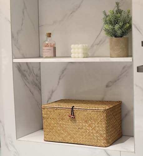 DOKOT Rectangular Handwoven Seagrass Storage Basket with Lid for Shelves and Home Organizer Bin, (M (12"x7"x6"H), Natural) - size: M (12"x7"x6"H)