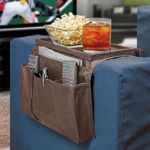 Sofa Armrest Organizer with Cup Holder No-Slip Couch Sofa Armrest Organiser Couch Remote Caddy Control Holder with 1 Large Pockets and 3 Small Pockets for TV Remotes Cellphone Magazines Ipad Drinks - color: Kaki
