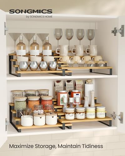 SONGMICS Display Risers, Set of 2 Engineered Wood Perfume Organizer Stand, 4-Tier Cupcake Stand Holder, Spice Rack, Shelf Risers for Figures, Dessert Shelves, Natural Beige and Ink Black UKCS216N01 - color: Natural Beige + Ink Black, size: 4 Tiers
