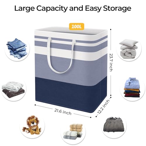 HomeHacks 2-Pack Large Laundry Basket, Waterproof, Freestanding Laundry Hamper, Collapsible Tall Clothes Hamper with Extended Handles for Clothes Toys in the Dorm and Family (Blue, 100L) - color: Blue, size: 100L