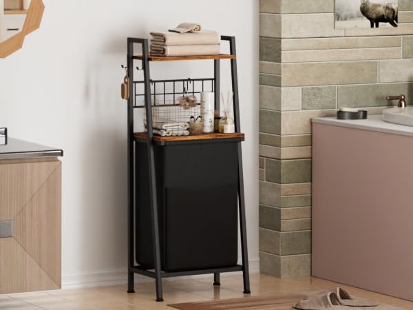 Furnulem Laundry Hamper, Vertical Laundry Basket with 2 Tiers Wooden Shelf and Hooks, Clothes Hamper with Pull-Out and Removable Bag for Bathroom, Bedroom, Dorm, 13.21 Gallons (50L) - size: 1-Bag Laundry Hamper