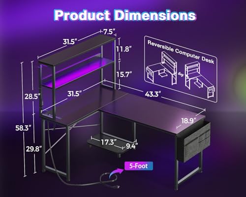 AODK L Shaped Desk Gaming Desk with LED Light & Power Outlet, 43 Inch Reversible L Shaped Computer Table with Shelf, Corner Desk with Storage Bag&Hook for Home Office Desk, Black - color: Black, size: 43 inch