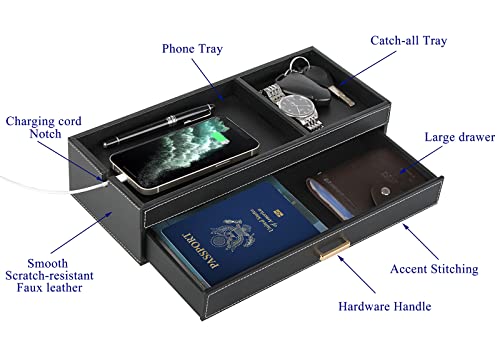 HofferRuffer Valet Jewelry Tray Organizer with Drawer, Faux Leather Storage Catchall Box Phone Charging Station Tray with Dresser Nightstand Desktop Drawer Organizer (Black) - color: Black