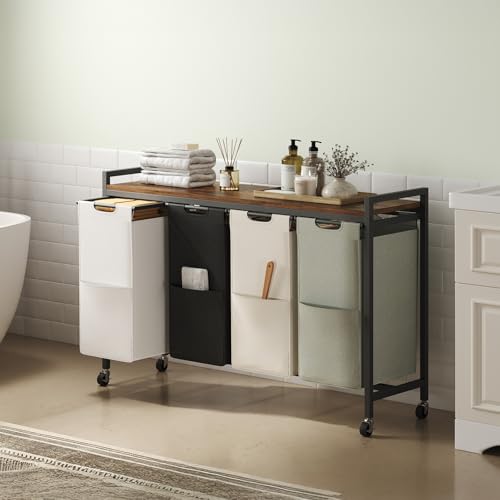 HOOBRO Laundry Sorter 4 Sections, Laundry Hamper with Wheels, 4 × 10.5 Gal (40 L), Rolling Laundry Basket, Pull-Out and Removable Oxford Fabric Bags, Rustic Brown BFE04XY01 - color: Rustic Brown + Black + White + Beige + Gray