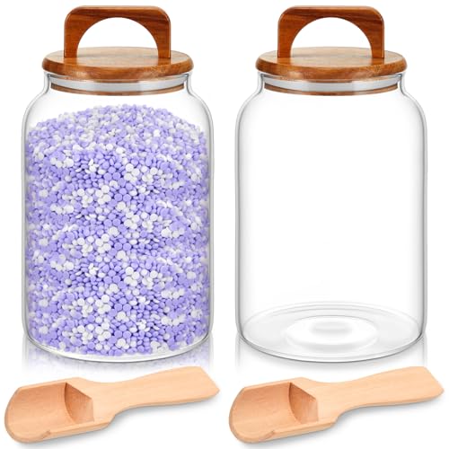 SiliFine 4 Pcs 64oz Glass Laundry Storage Containers with Handle Wooden Lid and Scoop Set-2 Pcs Laundry Room Organization Jars and 2 Multipurpose Wooden Spoon, Glass Beads Canisters Set