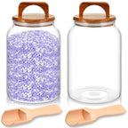 SiliFine 4 Pcs 64oz Glass Laundry Storage Containers with Handle Wooden Lid and Scoop Set-2 Pcs Laundry Room Organization Jars and 2 Multipurpose Wooden Spoon, Glass Beads Canisters Set