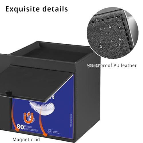 YAPISHI Tissue Box Cover with Storage Tray and Drawer, PU Leather Square Tissue Box Holder, Modern Cube Facial Tissue Dispenser, Makeup Holder, Remote Control Organizer for Nightstand, Bathroom Vanity - color: Black