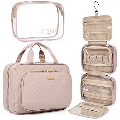BAGSMART Toiletry Bag Hanging Travel Makeup Organizer with TSA Approved Transparent Cosmetic Bag Makeup Bag for Full Sized Toiletries, Medium-Pink - color: Pink, size: Standard