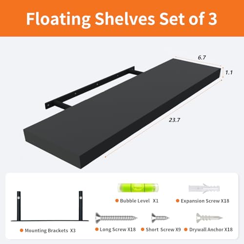 Upassion Floating Shelves for Wall Set of 3, 24" Black Wall Shelves for Home Decor, Frame Display Black Floating Shelf for Living Room, Bedroom, Bathroom, Kitchen - color: Black, size: 24 Inch