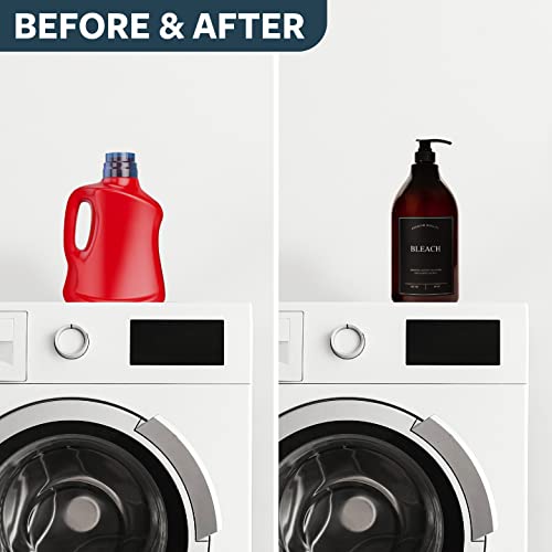 Calindiana Modern Farmhouse Bleach Liquid Laundry Detergent Dispenser for Laundry Room Decor and Organization, PET Plastic Landry Soap Containers with Water Resistant Label, Amber 64oz - color: Amber Bottle/Black Label, style: BLEACH