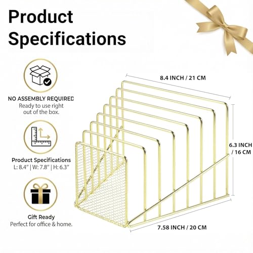 Simmer Stone Gold Desk Organizer 7 Slot Inclined Vertical File Folder Holder Sorter with Mesh Front Metal Wire Rack for Mail, Slim Binders, Books Office Organization Desktop Accessories - color: Gold