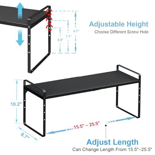 15.5 to 25.5 Inch Kitchen Cabinet Shelf Organizers, Adjustable Kitchen Counter Shelf Organizer, Set of 4 Expandable Countertop Storage Shelves, Stackable Design, 30LBS Heavy Duty, Space Saver - color: Black