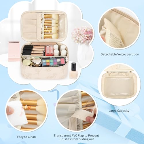 OCHEAL Makeup Bag Set, Portable Travel Makeup Bags Cosmetic Organizer Bag for Women Cute Floral Cosmetic Pouch Large Capacity Make up Bag PU Leather Toiletry Bags with Divider and Handle-Beige - color: 0020_Beige Lily Set of 2, size: Medium