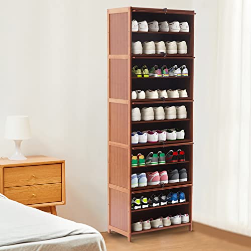Tall Bamboo Shoe Storage Cabinet Bamboo Shoe Rack with Doors, 11 Tier Freestanding Shoes Heels Sneakers Shelf Rack for 20 Pairs Shoe Organizer for Entryway Office Living Room, Brown