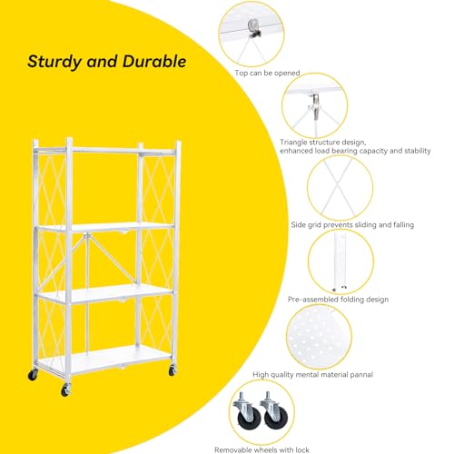 BRIAN & DANY 4-Tier Foldable Storage Shelves with Wheels, Folding Metal Rack Shelving Unit, Heavy Duty No Assembly Organizer Shelf for Garage, Kitchen, Pantry, White - color: White, size: 4-tier