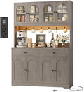 HIFIT 71" LED Kitchen Pantry Cabinet with Power Outlet, Large Kitchen Hutch Storage Cabinet with Arched Door, Shelves, 2 Drawer, Tall Farmhouse Coffee Bar w/Hutch for Home Dining Living Room, Ash Grey - color: Ash Grey