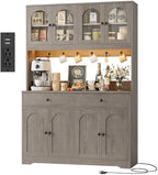 HIFIT 71" LED Kitchen Pantry Cabinet with Power Outlet, Large Kitchen Hutch Storage Cabinet with Arched Door, Shelves, 2 Drawer, Tall Farmhouse Coffee Bar w/Hutch for Home Dining Living Room, Ash Grey - color: Ash Grey