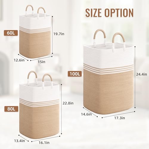 Laundry Basket Hamper,Blanket Storage,Dirty Clothes Hamper with Swivel Handles,Woven Cotton Rope Toy Baskets,Blanket Basket Living Room,Decorative Hampers for Nursery,Bedroom,White & Brown,60L - color: White & Brown, size: 60L