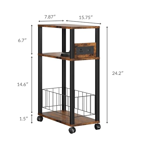 DGSANDGO Narrow Rolling Side Table with Charging Station (Outlets/USB Ports) & Storage Basket - Small Space End Table for Living Room Bedroom Office (Rustic Brown) - color: Rustic Brown, size: Basket Narrow-24.4"H 1 PC