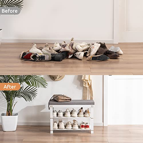 Apicizon 3-Tier Shoe Rack for Entryway, Bamboo Shoe Bench with Cushion Padded Seat, Small Shoe Organizer with Storage for Indoor Entrance Hallway Bedroom Living Room, White - color: White, size: 27.6 Inches With Cushion