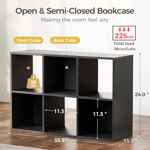 COMHOMA 6 Wood Cube Storage Organizer with Open Back and Removable Back Panels, 11In Black Cube Storage Bookshelf, Cubicle Shelf Bookcase for Home Office Bedroom Living Room, Vertical or Horizontal - color: 6 Cube-coal Black