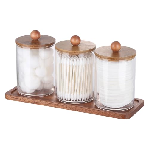 Tbestmax Qtip Holder with Vanity Tray, Clear Bathroom Containers Dispenser for Storage Cotton Swab/Ball/Pad Holder Wood Lids - color: Group A-Brown Bamboo