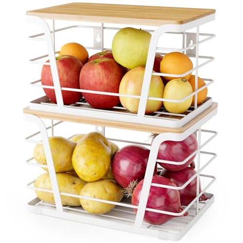 TIDIIABODE Extra Large 2 Pack Potato and Onion Storage Bins, Potato and Onion Storage Baskets with Bamboo Top, Trash Bag Dispenser, Storage Stackable for Kitchen Laundry Organizers, White - color: 2-Pack-XL&L-White