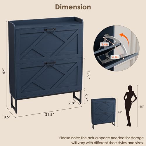 Nicetree Shoe Storage Cabinet, Shoe Cabinet with 2 Flip Drawers, Narrow Shoe Rack Cabinet, Farmhouse Slim Shoe Cabinet Storage for Entryway,Blue - color: Navy Blue, style: 2-Drawers