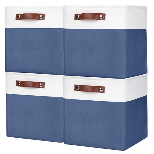 Bagnizer Collapsible Fabric Storage Cubes 11x11 Cube Storage Bins, 4 Pack Closet Baskets Box with Handles for Organizing, Shelf, Toys, Clothes, Home, Office, Nursery (Navyblue&White) - color: NavyBlue / Off-White, size: Cube - 11"x11"x11"