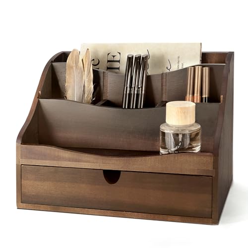 Rebee Vision Acacia Wood Mail Organizer for Desk – Retro Countertop Mail Holder with Dividers – 4-Slot Letter Sorter for Office Accessories – Desktop Organizer for Home Decor (Dark Acacia) - color: A-Dark Acacia
