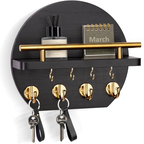 Nekon Key Holder for Wall - 9.8 Inch Apartment Wall Decor with Shelf and 8 Key Hooks, Circular Wood Key Hanger for Home Decor (Black with Golden Hooks) - color: Black&Gold